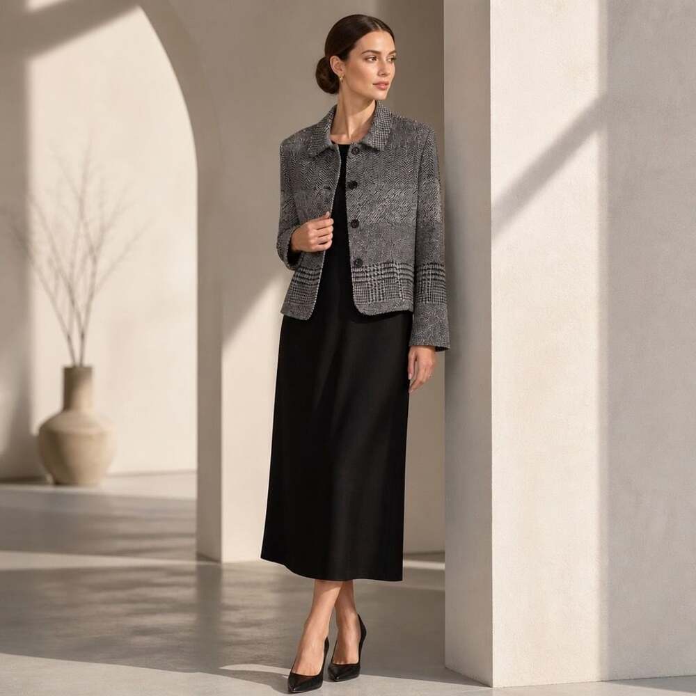 Jessica Howard Petite 2pc Set Jacket Dress Black Grey Size 12P